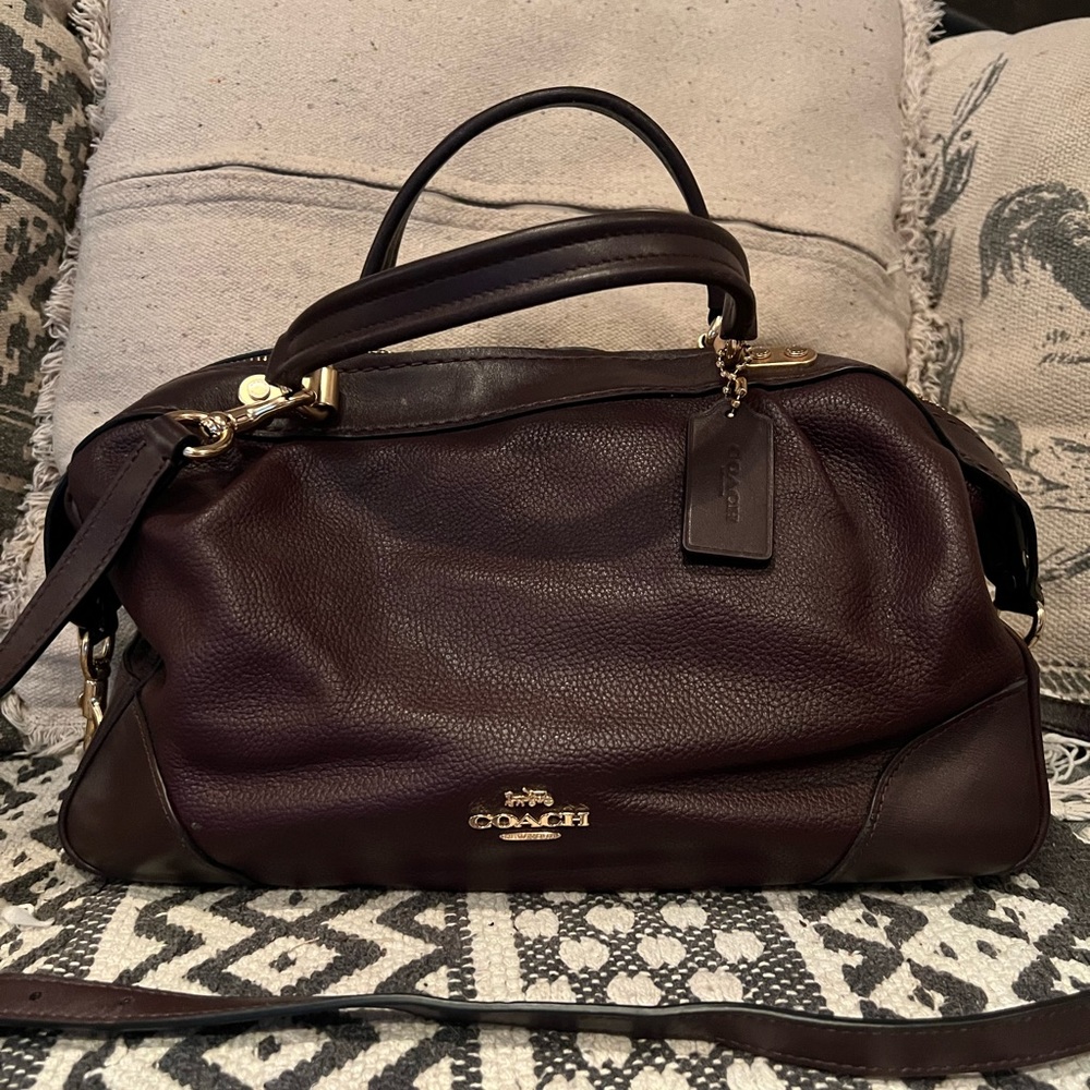 Coach-med size, rose gold metal, dark plum purple leather purse